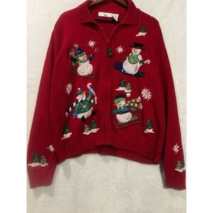 VTG Ms. Lee Winter  XL Sweater Women's Cardigan Snowmen Embroidered Full Zip